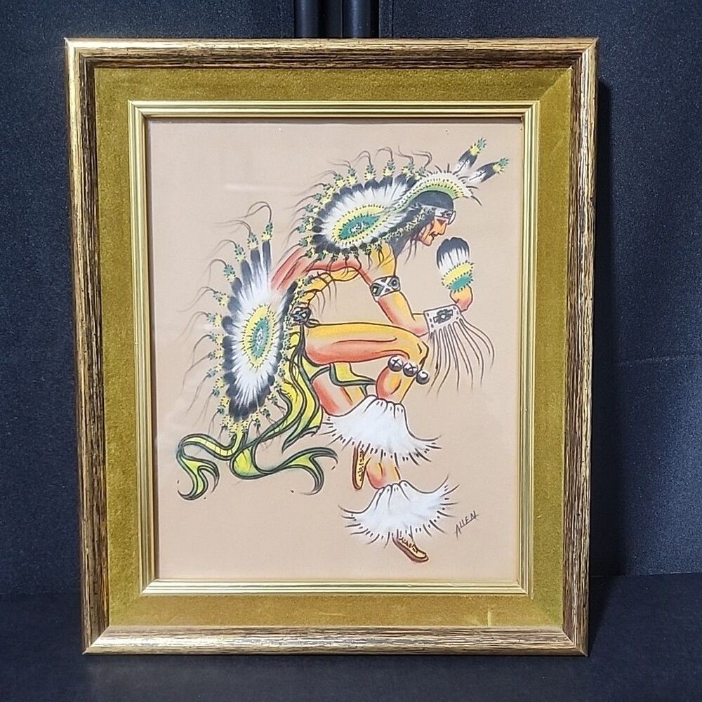 Vintage Native American "War Dancer" Signed H. Allen – Framed Pastel Art Navajo